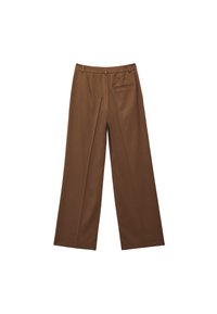 Brązowe spodnie szerokie w nogawkach z płaskim przodem, fałdami i jedną tylną kieszenią. Wykonane z miękkiej tkaniny o gładkiej fakturze, o dopasowanym kroju.