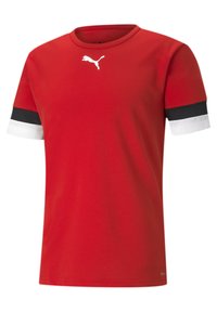 T-shirt atletica rossa in tessuto liscio, con scollatura a girocollo, logo Puma bianco e dettagli a strisce bianche e nere sulle maniche.