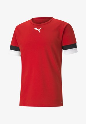 T-shirt atletica rossa in tessuto liscio, con scollatura a girocollo, logo Puma bianco e dettagli a strisce bianche e nere sulle maniche.