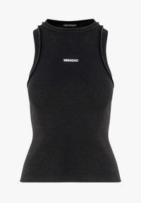 Zwarte geribbelde tanktop met hoge hals, voorzien van een aansluitend ontwerp en een klein wit "MISAGA" logo in het midden.
