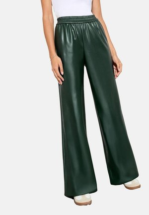 Dark green, shiny faux leather wide-leg pants with an elastic waistband. Fabric has a smooth texture, reaching to the floor.
