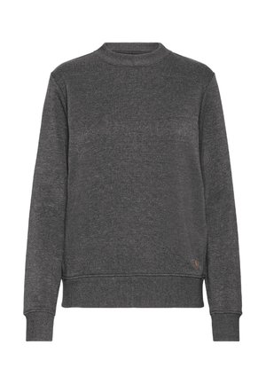 Donkergrijze sweatshirt van zacht materiaal, met een ronde halslijn, lange mouwen, geribbelde manchetten en een klein leren logo label aan de zoom.
