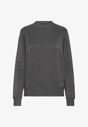 Sweat-shirt gris foncé en tissu doux, avec un col rond, des manches longues, des poignets côtelés et une petite étiquette en cuir au bas.