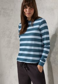Camicia a maniche lunghe a righe in verde mare scuro e blu chiaro, realizzata in tessuto morbido. Presenta un collo rotondo e un taglio rilassato. Indossata con pantaloni scuri.