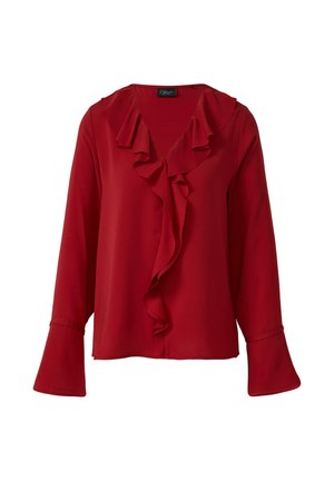 Blouse rouge à manches longues avec un col à volants et des poignets évasés. Le tissu semble lisse avec une texture légère et une coupe décontractée.