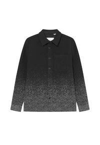 Schwarzes und graues Verlauf-Hemd mit Kragen, langen Ärmeln, einer Brusttasche und einem strukturierten Stoff.