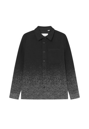 Fekete és szürke árnyalatos ing gallérral, hosszú ujjakkal, elülső zsebbel és texturált anyaggal.