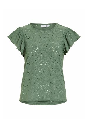 Zelená blúzka s krátkym rukávom s kvetinovou vyšívanou dierkovanou výšivkou a zvonovými rukávmi, okrúhlym výstrihom a mierne zaobleným lemom.