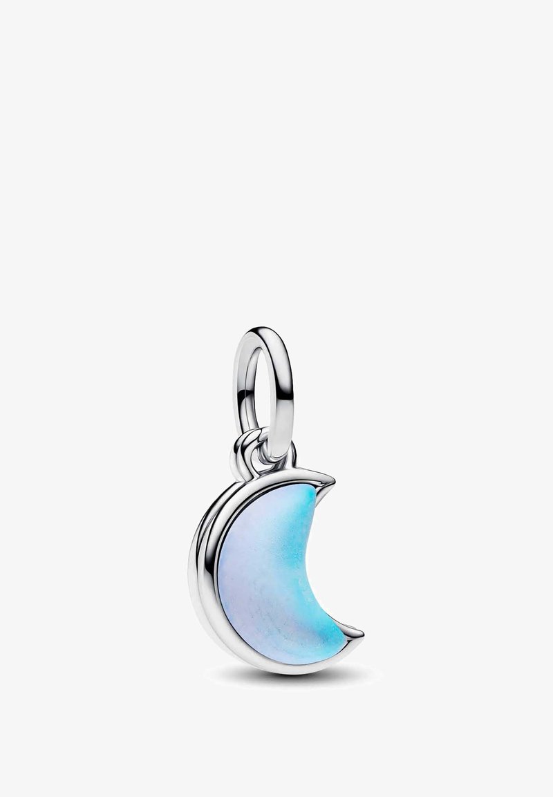 Silver moon-shaped pendant features a smooth, iridescent blue stone. Has a polished silver loop for attaching to jewelry.