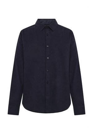 Chemise bleu marine foncé à manches longues avec col et six boutons noirs sur le devant, sur fond blanc.