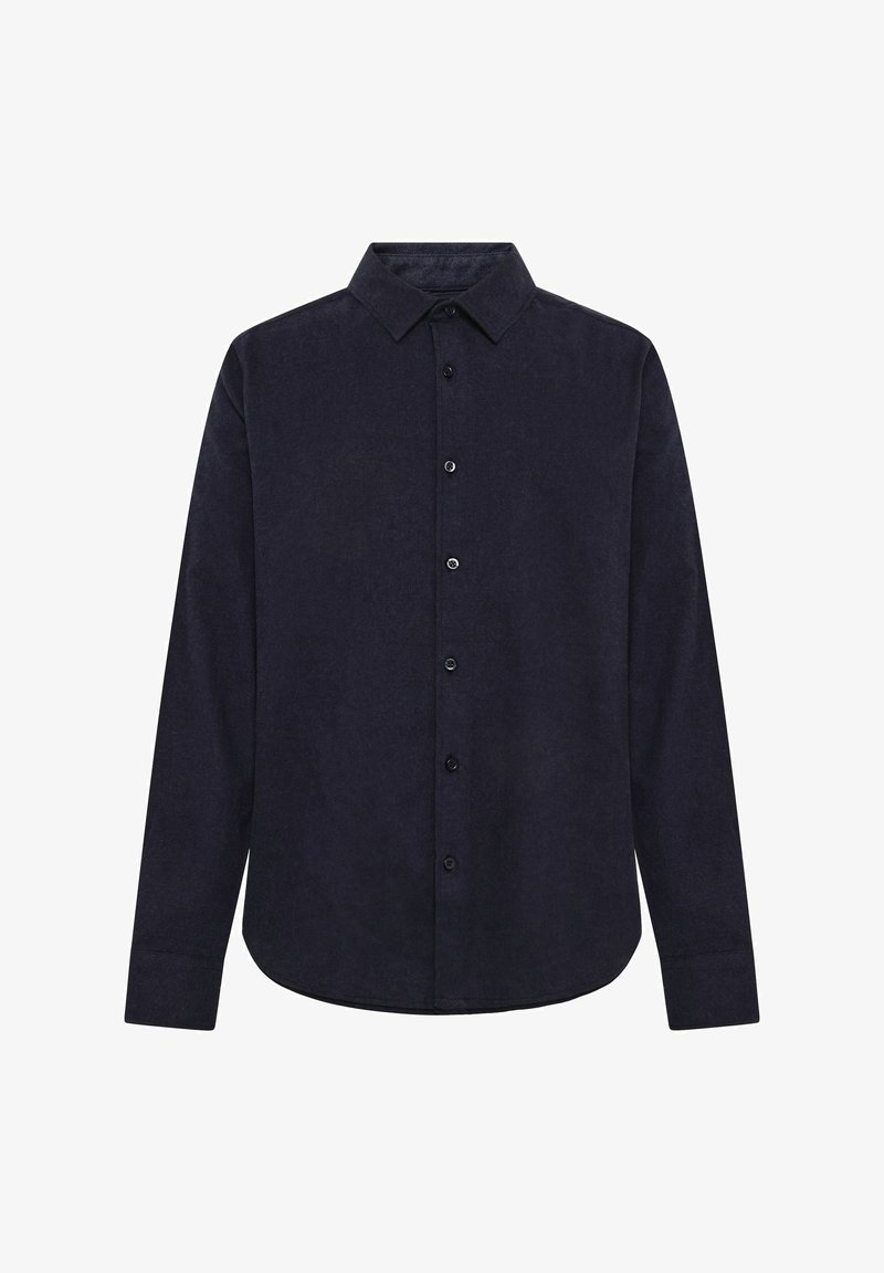 Chemise bleu marine foncé à manches longues avec col et six boutons noirs sur le devant, sur fond blanc.