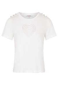 Biała bawełniana koszulka z krótkim rękawem, z centralnym wzorem w serca i dekoracyjnymi guzikami na ramionach.