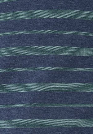 Tessuto a righe in blu navy scuro e turchese. Presenta righe orizzontali alternate con texture variabili, creando un motivo sottile.