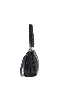 Borsa in pelle nera con manico intrecciato e hardware dorato, mostrata di profilo su uno sfondo bianco.