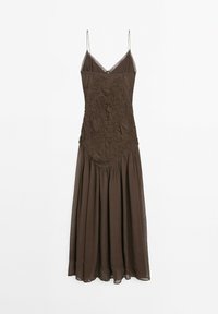 Brown dress with adjustable thin straps, intricate textured bodice, and flowy skirt. Made from lightweight fabric with a soft drape.