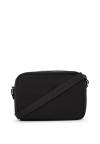 Borsa a tracolla nera realizzata in tessuto resistente. Presenta una forma rettangolare, una chiusura con zip e una tracolla regolabile con marchio per la comodità.