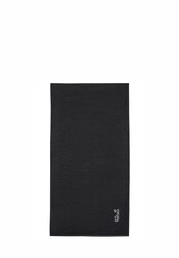 Coprispalle nero rettangolare con logo "Jack Wolfskin" e impronta di zampa in bianco nell'angolo inferiore destro.