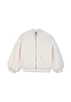 Veste bomber blanche et duveteuse avec fermeture éclair intégrale à l'avant, col, poignets et ourlet côtelés, présentée sur un fond blanc uni.