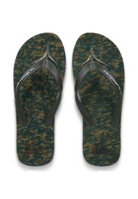 Πράσινα και καφέ σαγιονάρες με σχέδιο, με σκούρα γκρι λουράκια από καουτσούκ και υφή στο πέλμα. Διαθέτουν ένα μικρό λογότυπο στη σόλα.