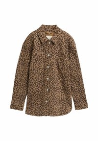 Luipaardprint shirt, bruin en zwart, knoopsluiting aan de voorkant, lange mouwen, twee borstzakken, klassieke kraag, gestructureerde stof.