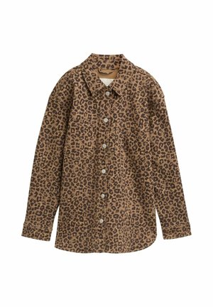 Leopardmønster skjorte, brun og sort, knap-lukning foran, lange ærmer, to brystlommer, klassisk krave, tekstureret stof.