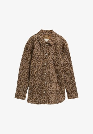 Leopardenmusterhemd, braun und schwarz, knöpfbare Front, lange Ärmel, zwei Brusttaschen, klassischer Kragen, strukturierter Stoff.