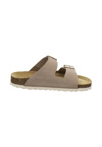 Light brown suede slide sandal featuring two adjustable straps with metallic buckles, cork footbed, and a textured white rubber sole.