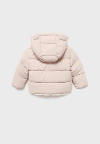 Cropad, huva pufferjacka i mjuk ljusrosa, med quiltat mönster, raka ärmar och en fluffig innervägg.