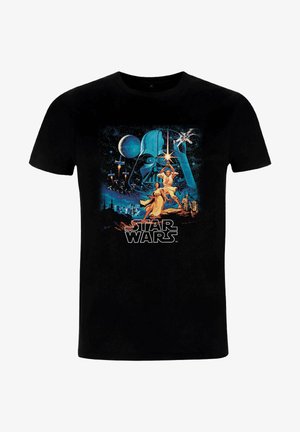 T-shirt in cotone nero con una stampa grafica di Darth Vader e personaggi di Star Wars, dai colori vivaci e con un dettagliato scenario spaziale.