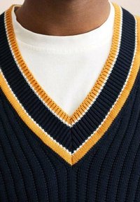 Nahaufnahme einer Person, die einen marineblauen gerippten V-Ausschnitt-Pullover mit senfgelben und weißen Akzenten über einem schlichten weißen Rundhals-Shirt trägt.