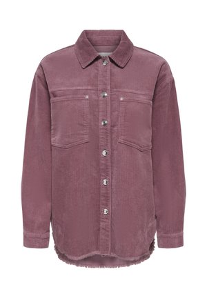 Veste en velours côtelé rose poudré à manches longues, avec fermeture à boutons sur le devant, deux poches poitrine et détail d'ourlet effiloché.