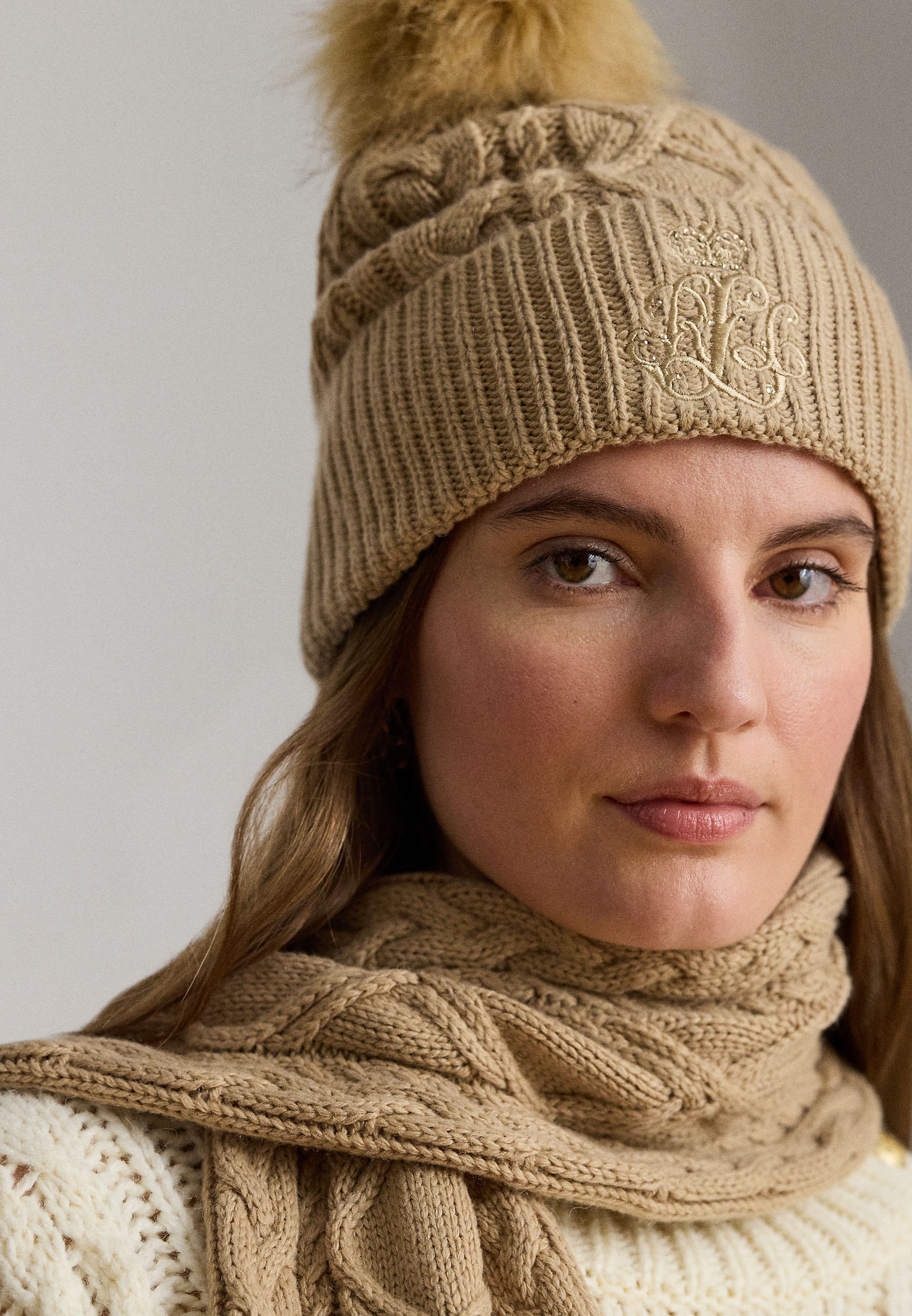 Ralph Lauren Women’s Knit Logo Beanie‎ with Faux Fur Pom Pom Camel Cream NWT Fur Pom Pom Fleece Lined Beanie, Pom Pom Hat, Knit Beanie  main image 2