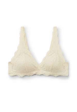 Krémová krajková braletka s květinovými vzory, nastavitelnými ramínky a vroubkovanými okraji, zobrazená na bílem pozadí.