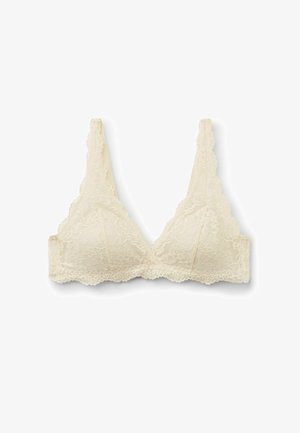 Bralette in pizzo crema con motivi floreali, spalline regolabili e bordi smerlati, posato piatto su uno sfondo bianco.