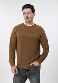 Pull marron tricoté avec une texture côtelée, col rond et détails ton sur ton. Associé à un jean gris foncé. Marque discrète sur la poitrine.