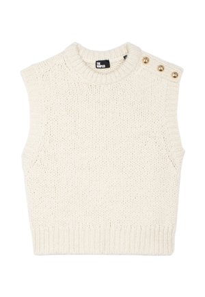 Strikket ærmeløs pullover i cremefarve med ribbet rund halsudskæring og tre dekorative guldknapper på venstre skulder.