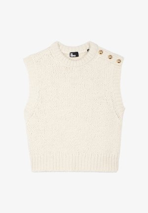 Pull sans manches en maille crème avec un col rond côtelé et trois boutons décoratifs dorés sur l'épaule gauche.