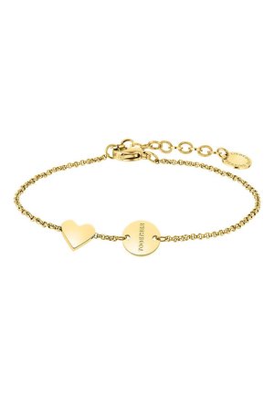 Gouden armband met een verfijnde ketting, een hart bedel en een cirkelvormig label met de inscriptie "SAMEN", met een kreeftsluiting.