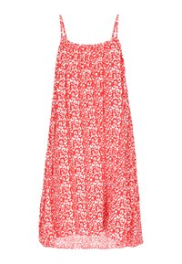 Rochia roșie fără mâneci, cu un bodice elastic, prezentând un model floral alb și o siluetă liberă, fluidă. Material ușor.