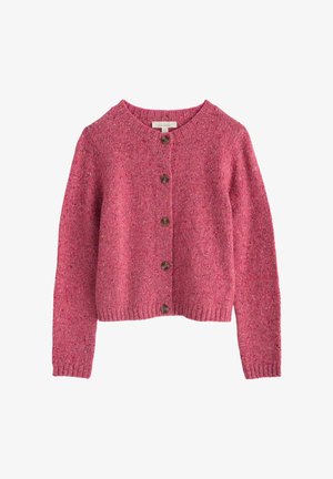 Rosa Strickjacke für Frauen mit langen Ärmeln, rundem Halsausschnitt und fünf braunen Knöpfen an der Vorderseite.