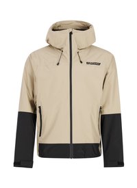 Beige vedenpitävä takki, jossa on musta alaosa, säädettävä huppu, vetoketjulliset taskut ja elastaanista valmistetut hihnat tiivistäen istuvuutta.