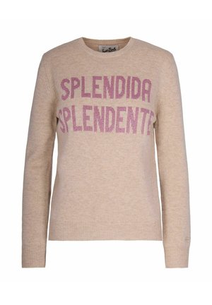 Maglione beige lavorato a maglia con il testo "SPLENDIDA SPLENDENTE" in paillettes rosa, con scollo rotondo classico e polsini a costine.