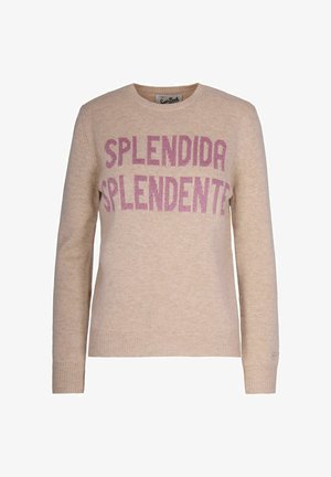 Maglione beige lavorato a maglia con il testo "SPLENDIDA SPLENDENTE" in paillettes rosa, con scollo rotondo classico e polsini a costine.