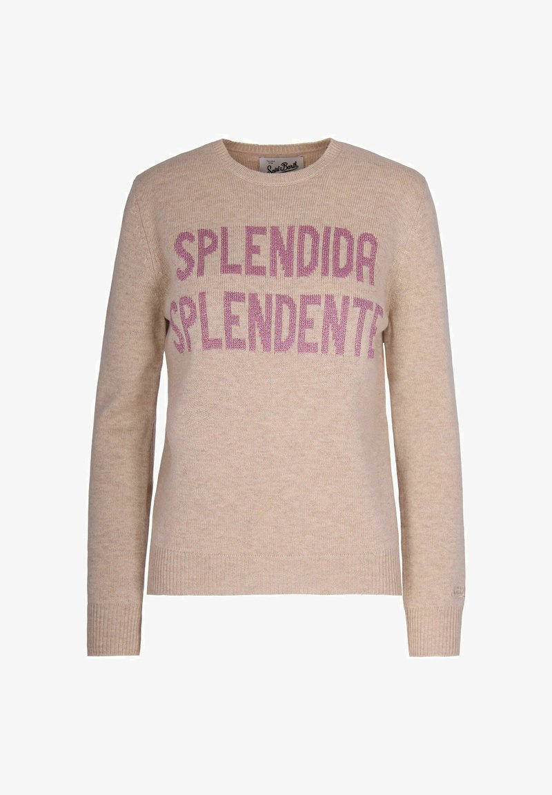 Maglione beige lavorato a maglia con il testo "SPLENDIDA SPLENDENTE" in paillettes rosa, con scollo rotondo classico e polsini a costine.