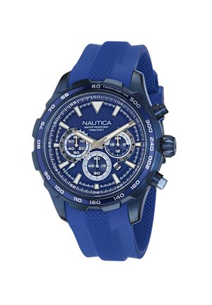 Montre Nautica bleue avec un bracelet en silicone texturé, un cadran rond bleu, des index des heures en argent et trois sous-cadrans de chronographe. Résistante à l'eau jusqu'à 100 mètres.