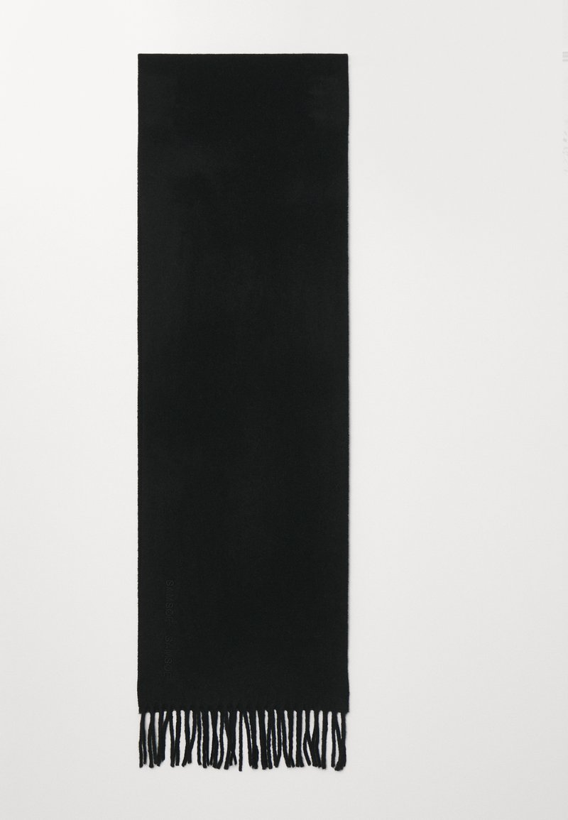 Black scarf made of soft fabric, featuring a smooth texture and delicate fringed edges. Rectangular design with no patterns or accents.