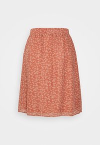 Jupe plissée corail avec taille élastique, petit motif floral blanc, longueur au genou, tissu léger.