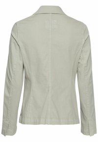 Lichtgrijze jacket met een getailleerd ontwerp, lange mouwen en een scherp ingeknipt kraag. Heeft een gladde stof en stikdetails aan de achterkant.