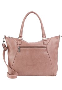 Różowa torebka z syntetycznej skóry z podwójnymi uchwytami i odpinanym paskiem na ramię, wyposażona w przednią kieszeń na suwak oraz teksturowane akcenty.