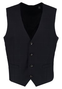 Schwarze Weste mit einem karierten Muster, ausgestattet mit einem tiefen V-Ausschnitt, sechs Knöpfen und zwei seitlichen Taschen. Hergestellt aus einem glatten Stoff.